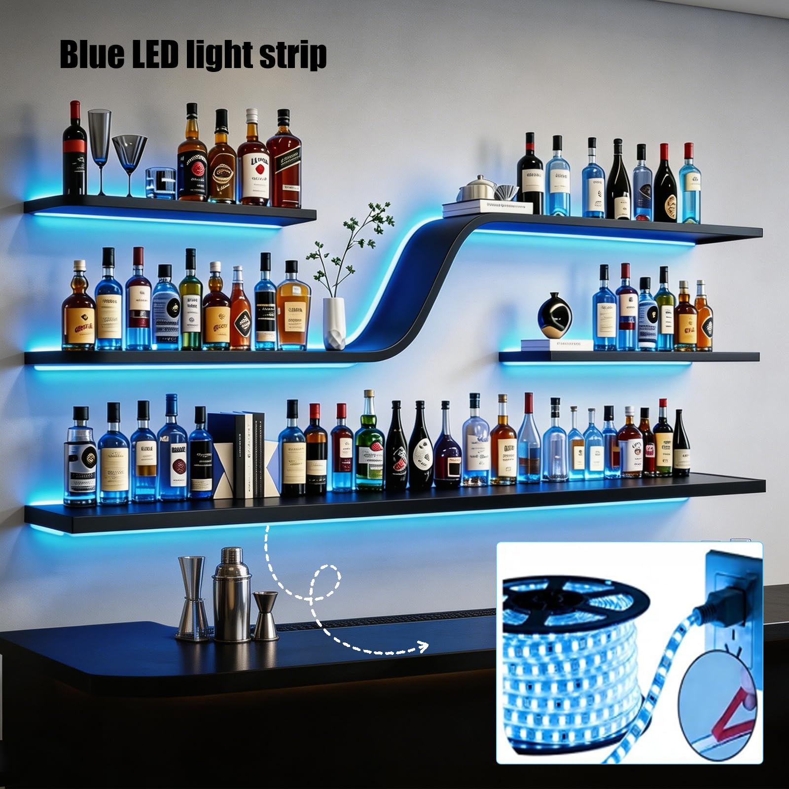 120cm Portabottiglie da parete con luci LED, espositore per bottiglie di liquori, mensole da bar in metallo a 3 ripiani, ideale per bar, caffetterie e ristoranti