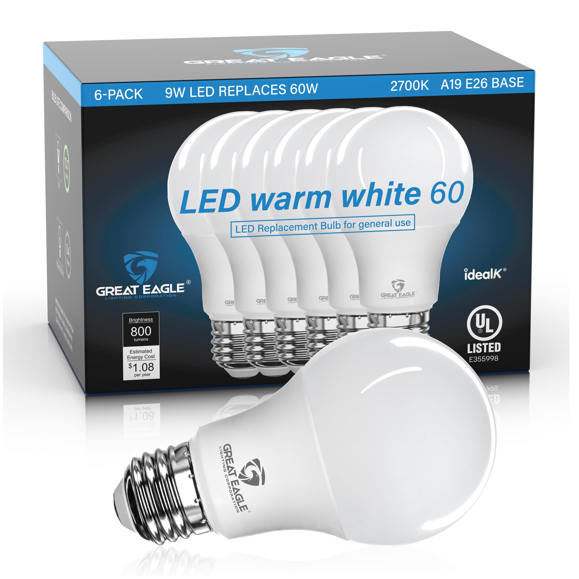 Great Eagle A19 LED Light Bulbs 60 Watt Equivalent- UL Listed 2700K LED ...