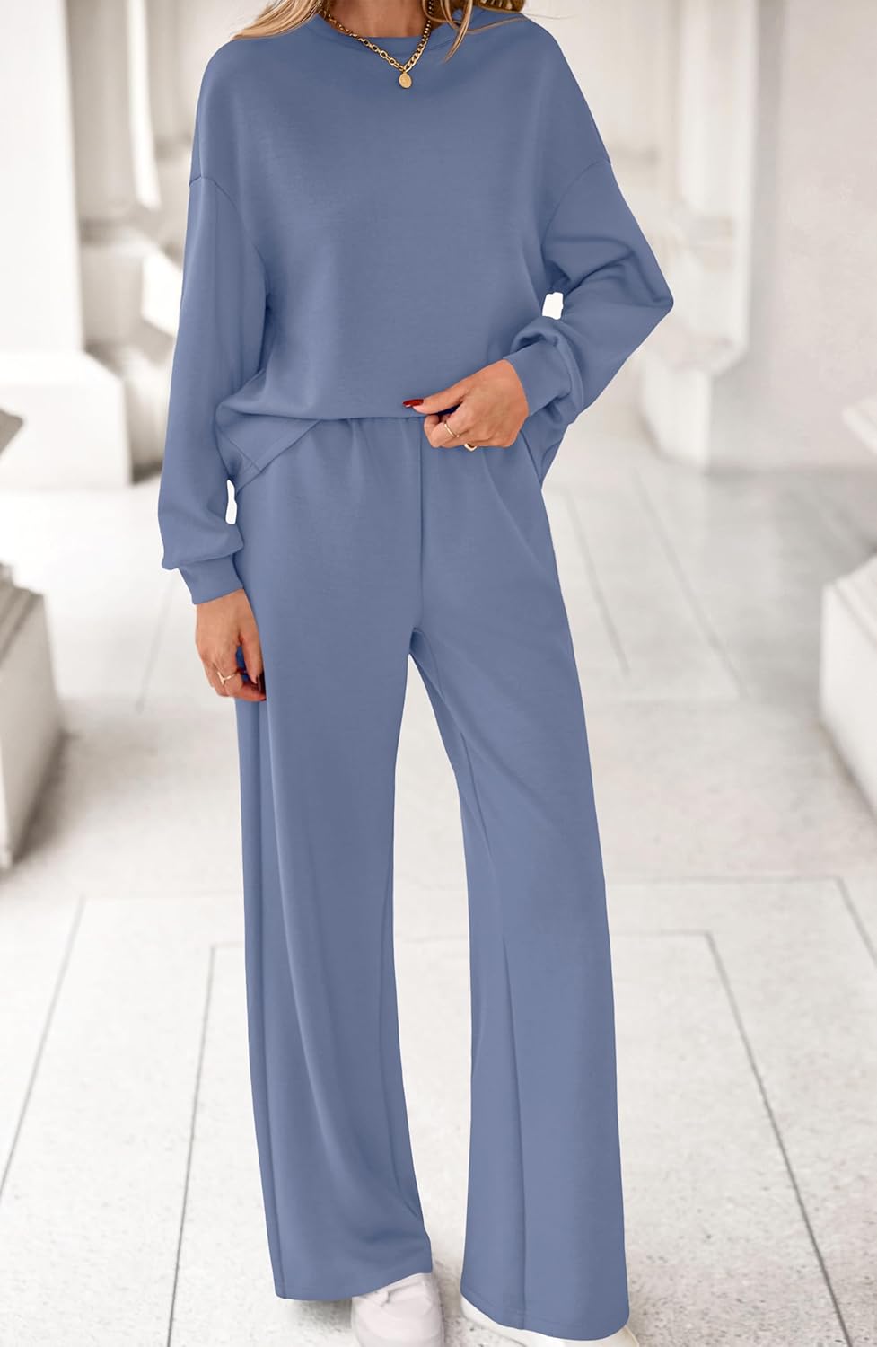 MASCOMODA Womens Fall Sweatsuits Two Piece Sets Crewneck Long Sleeve Tops Wide Leg Pants Casual Travel Lounge Set Track Suits - Image 3