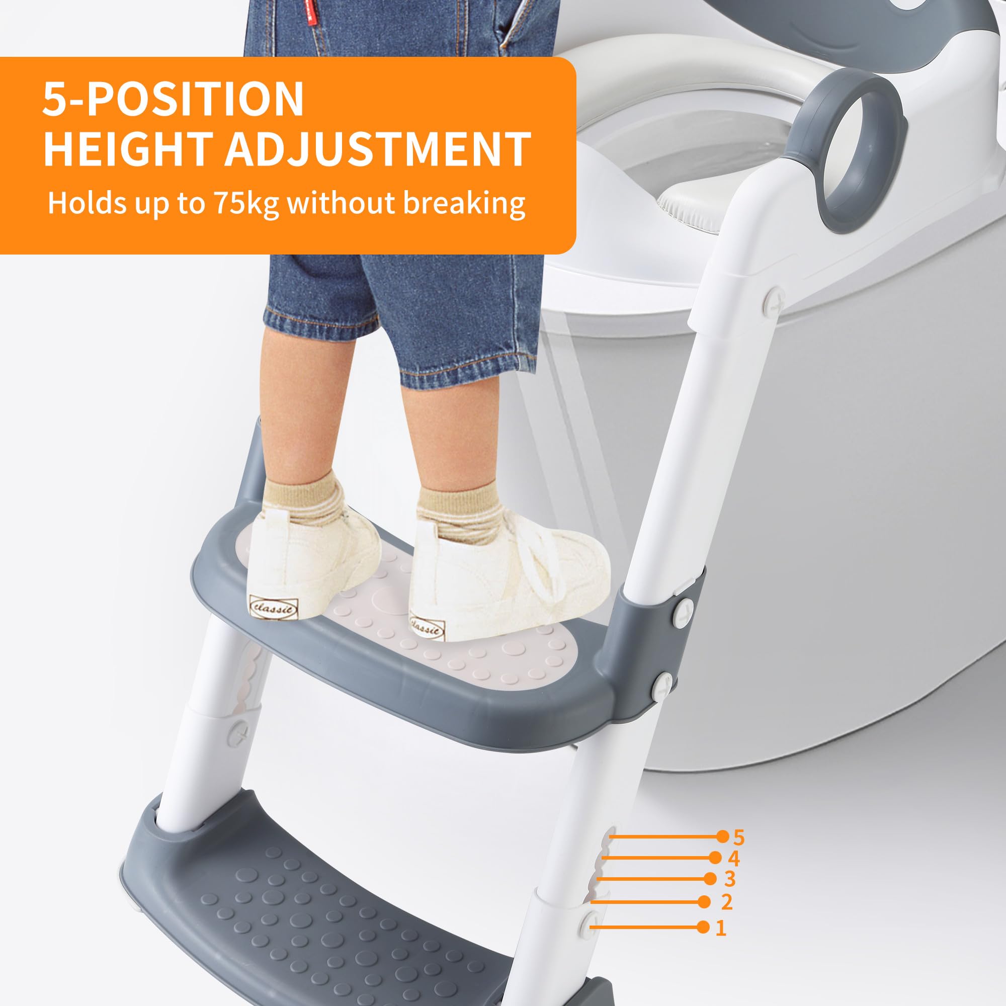 Riduttore WC per Bambini, Sedile per WC per Bambini con Scaletta,Con Corrimano di Sicurezza, Cuscino in PVC, Pieghevole, Adatto a Bambini da 1 a 7 Anni (Grigio Bianco)