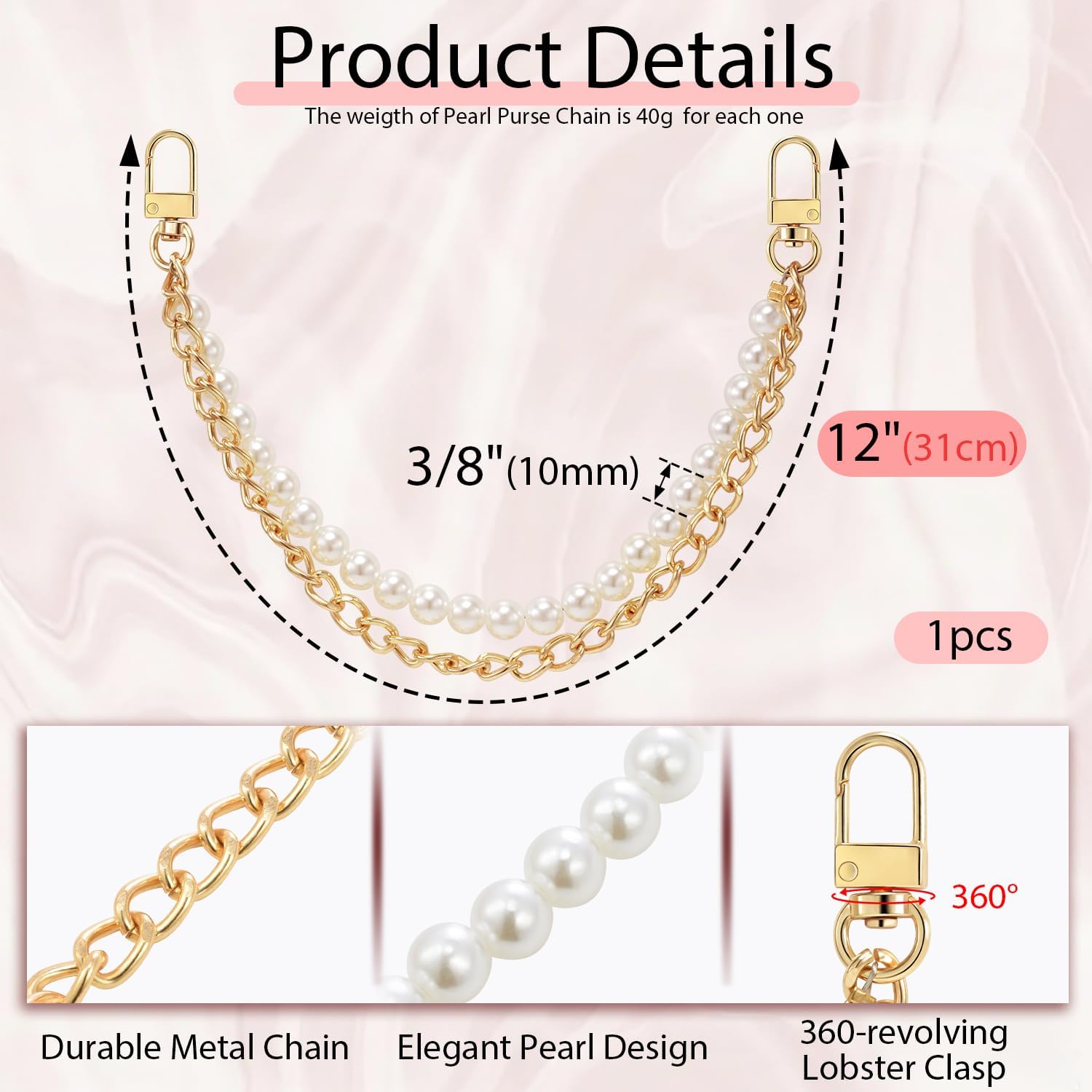 1 Pack Purse Charms for Handbags, Gold Pearl Purse Chain Straps Replacement