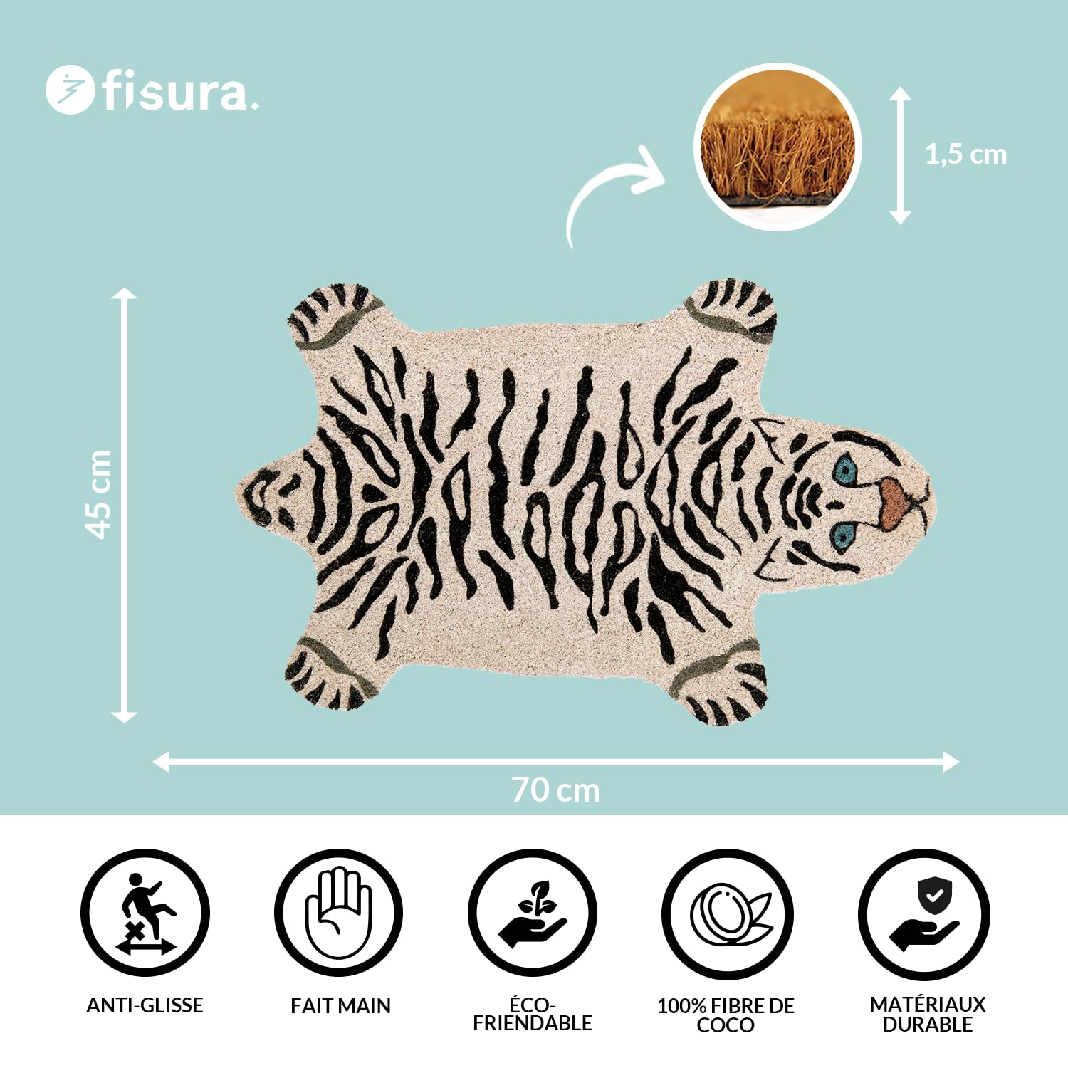 Paillasson Tigre Fisura En Noix De Coco - 70x40cm, Support PVC Antidérapant - Déco D'Entrée Originale Et Amusante