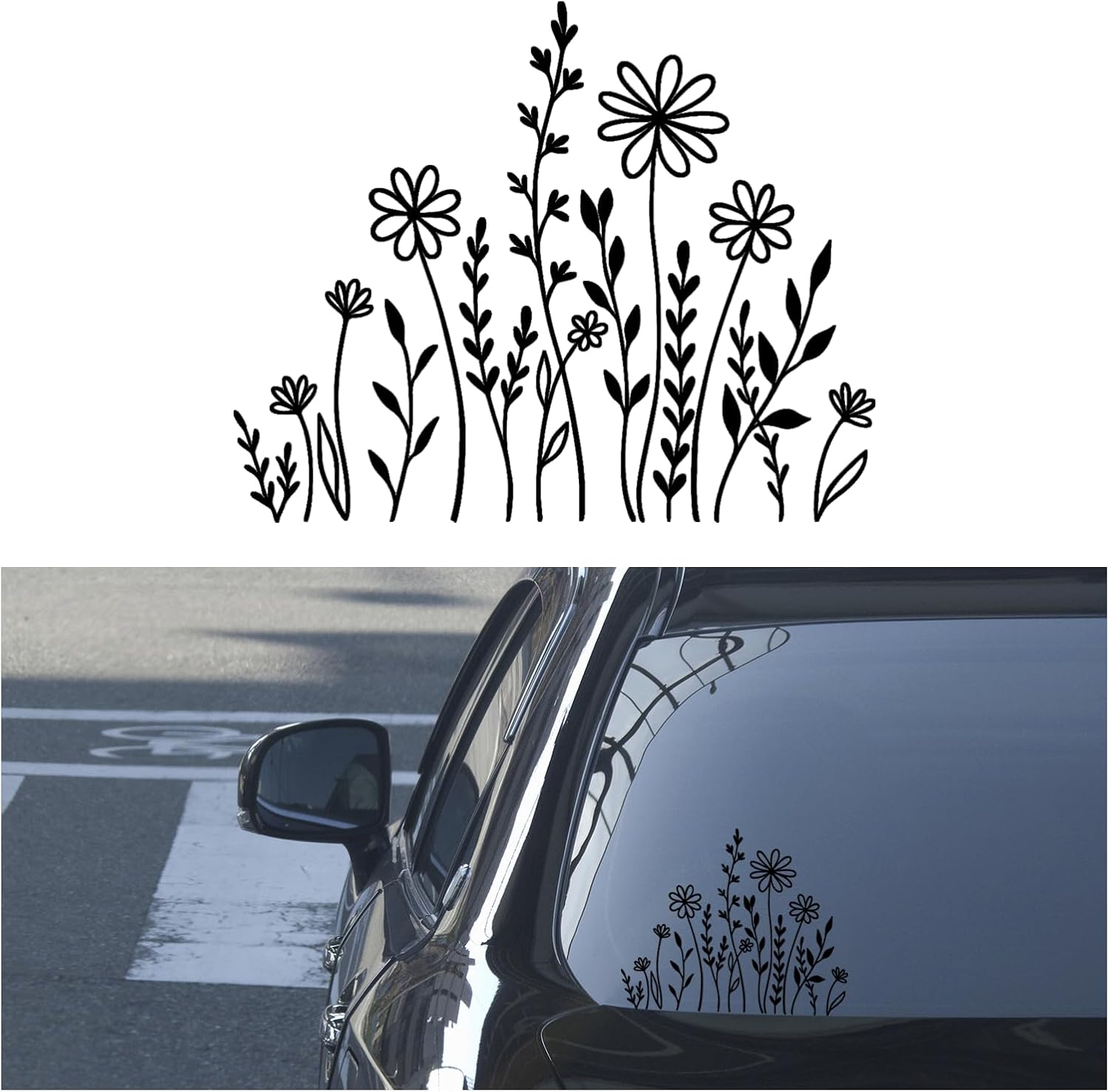 GAOLAOSY Wildflowers Boho Car Sticker Decal - Waterproof PET Vinyl Flower Decal for Vehicles, Laptops, Luggage - Black, 7.13x5.94in