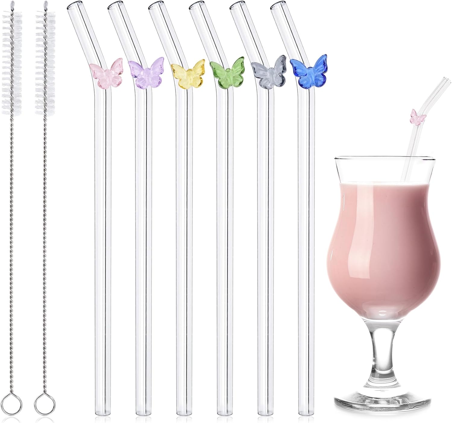 8 Pcs Glass Straws With 2 Cleaning Brushes, Cute Colorful Bow Glass Straws Shatter Resistant, Reusable Straws For Coffee, Cocktail, Milkshake...
