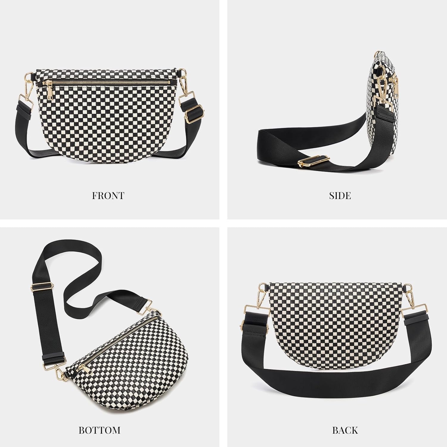 Woven Crossbody Bags For Women, Checkered Fashion PU Bum Bag Waist Pack, Travel Sling Purse with Adjustable Strap（Black) - Image 6