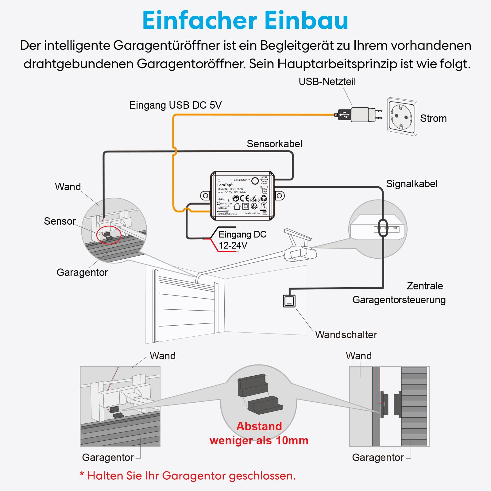 LoraTap ZigBee Smart Garagentorsteuerung | Integriertes Reed-Sensor-Relaismodul | USB 5V/DC 12-24V | Tuya App/Alexa Kompatibel | 15-Minuten-Installation