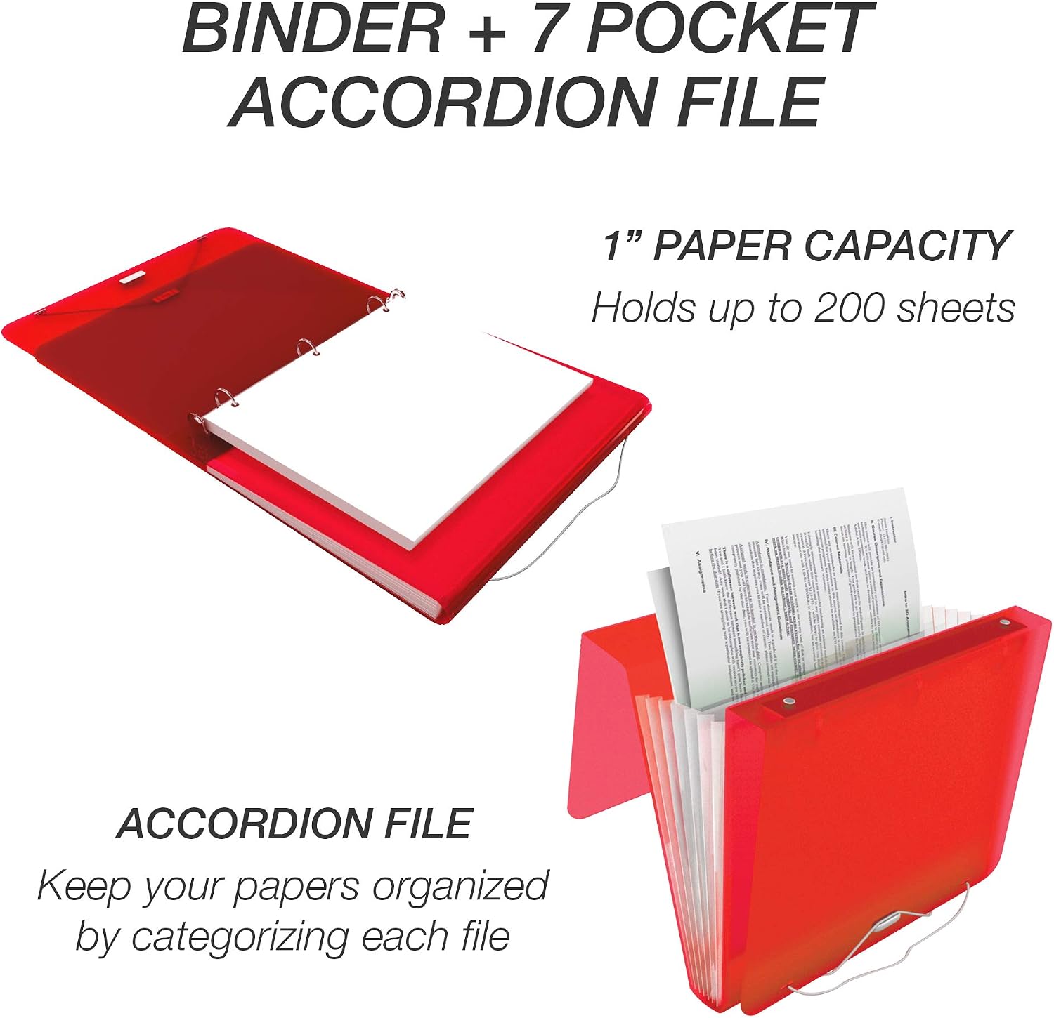 Samsill Duo 2-in-1 Document and File Organizer, 1 Inch 3 Ring Binder + 7 Pocket Accordion / Expanding File, Coral