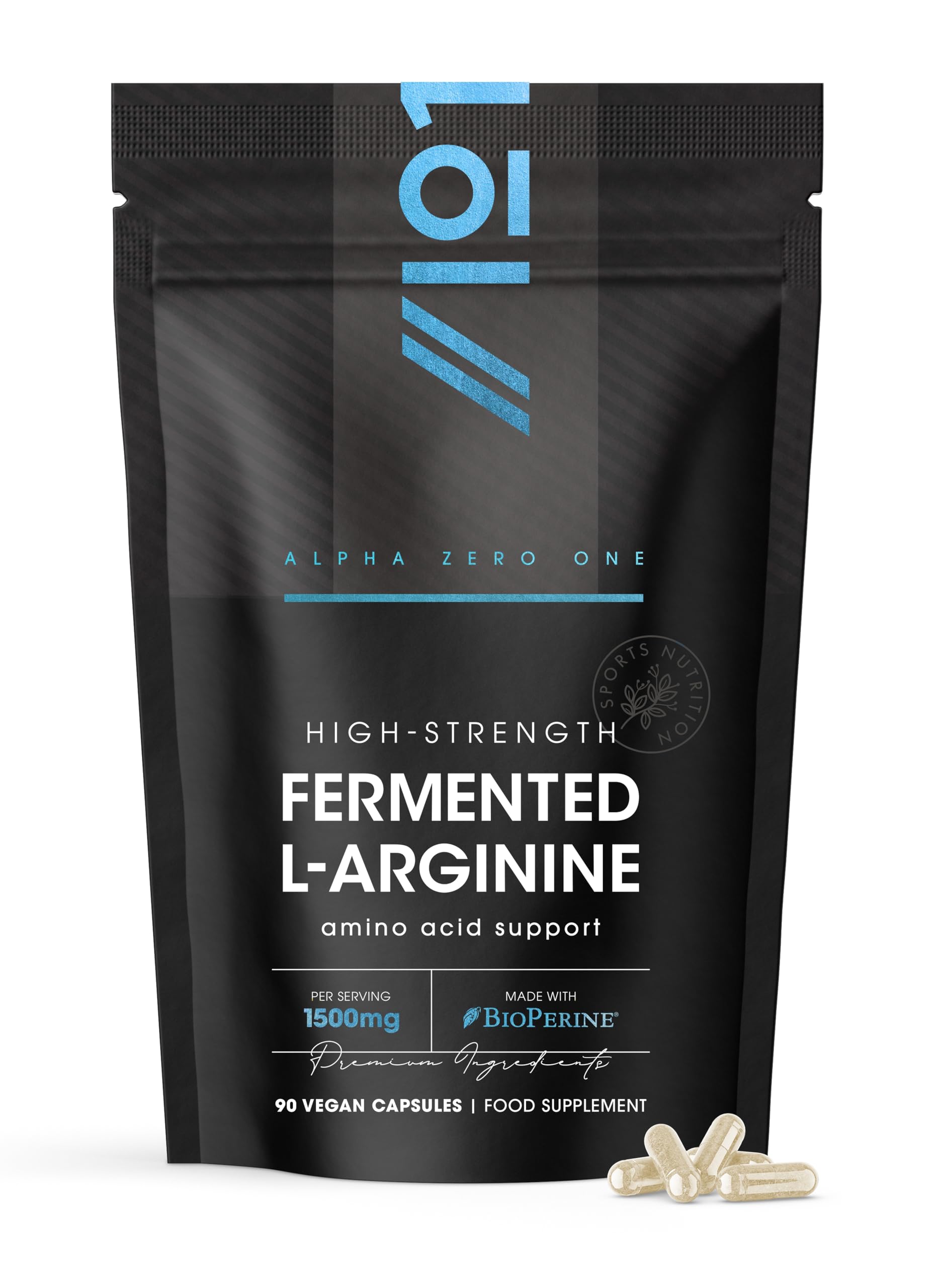 Fermented L-Arginine 1500mg with BioPerine® & Biotin - 90 Vegan Capsules – High Strength Amino Acid Supplement – Resealable and Recyclable Pouch – by Alpha01