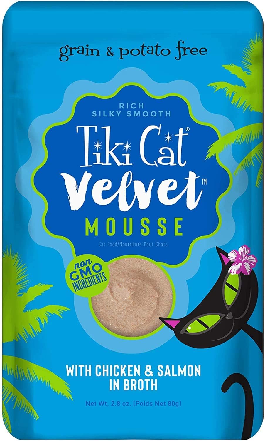 Pet Faves Tiki Cat Velvet Mousse Grain-Free Wet Food with a Silky-Smooth Texture for Adult Cats & Kittens, 2.8oz (24 Pouches), Variety with Pet Wipes 10ct