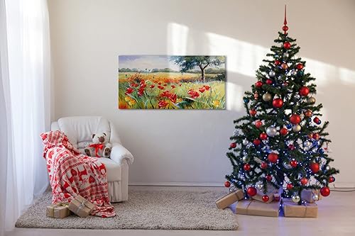 Miniatura 7 de Decoración de pared para sala de estar, arte de pared grande con árboles verdes, flores rojas y amarillas, lienzo decorativo de pared para