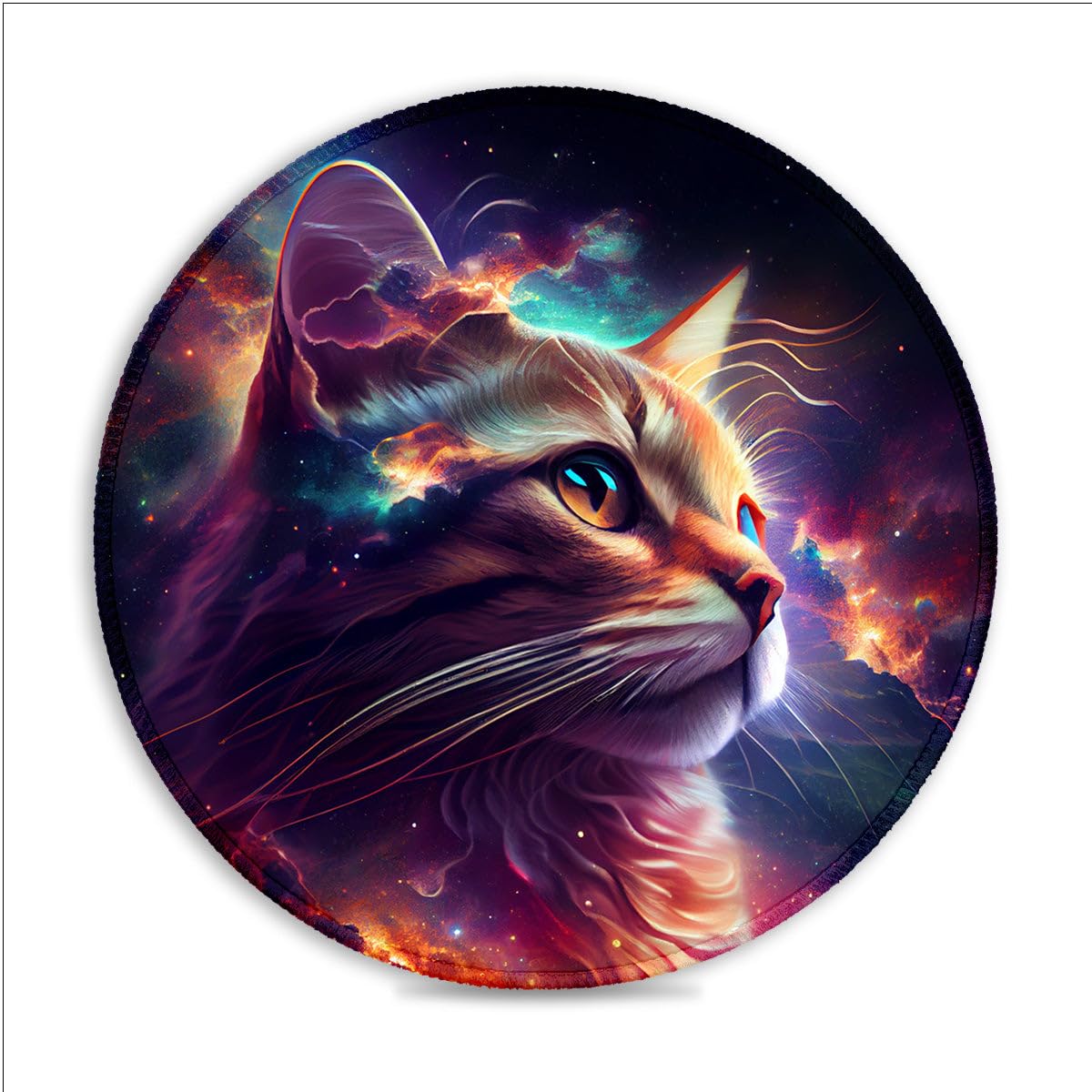 Alfombrilla de ratón para juegos, diseño de gato cósmico, póster artístico AI (11.8 pulgadas), alfombrilla de mouse redonda de tela SU, control ultra preciso, bordes cosidos, base antideslizante para