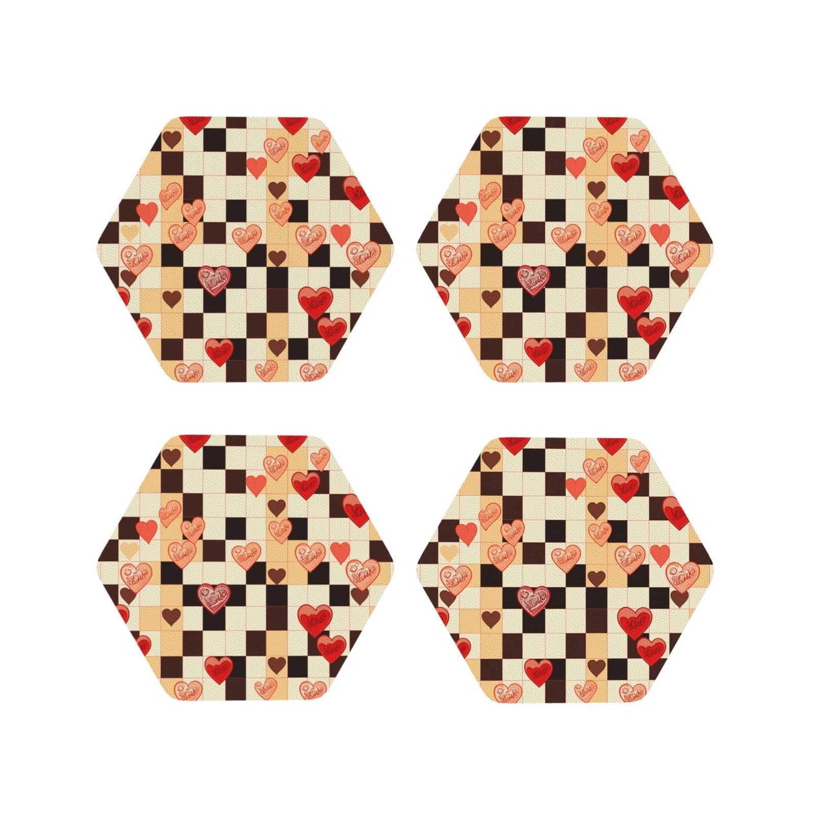 4pcs Drink Coasters for Tabletop Protection, 4" Leather Coasters for Drinks, Checkerboard Hearts Cup Coasters for Coffee Table Decor, Non-Slip Drinking Cup Mat for Hot Or Cold Drink