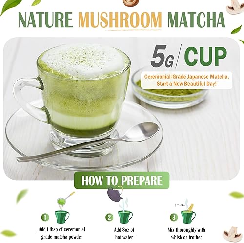 Miniatura 5 de Matcha en polvo de hongos, matcha ceremonial japonés infundido con 7 hongos superalimentos, aceite MCT, leche de coco en polvo, natural, sin gluten,