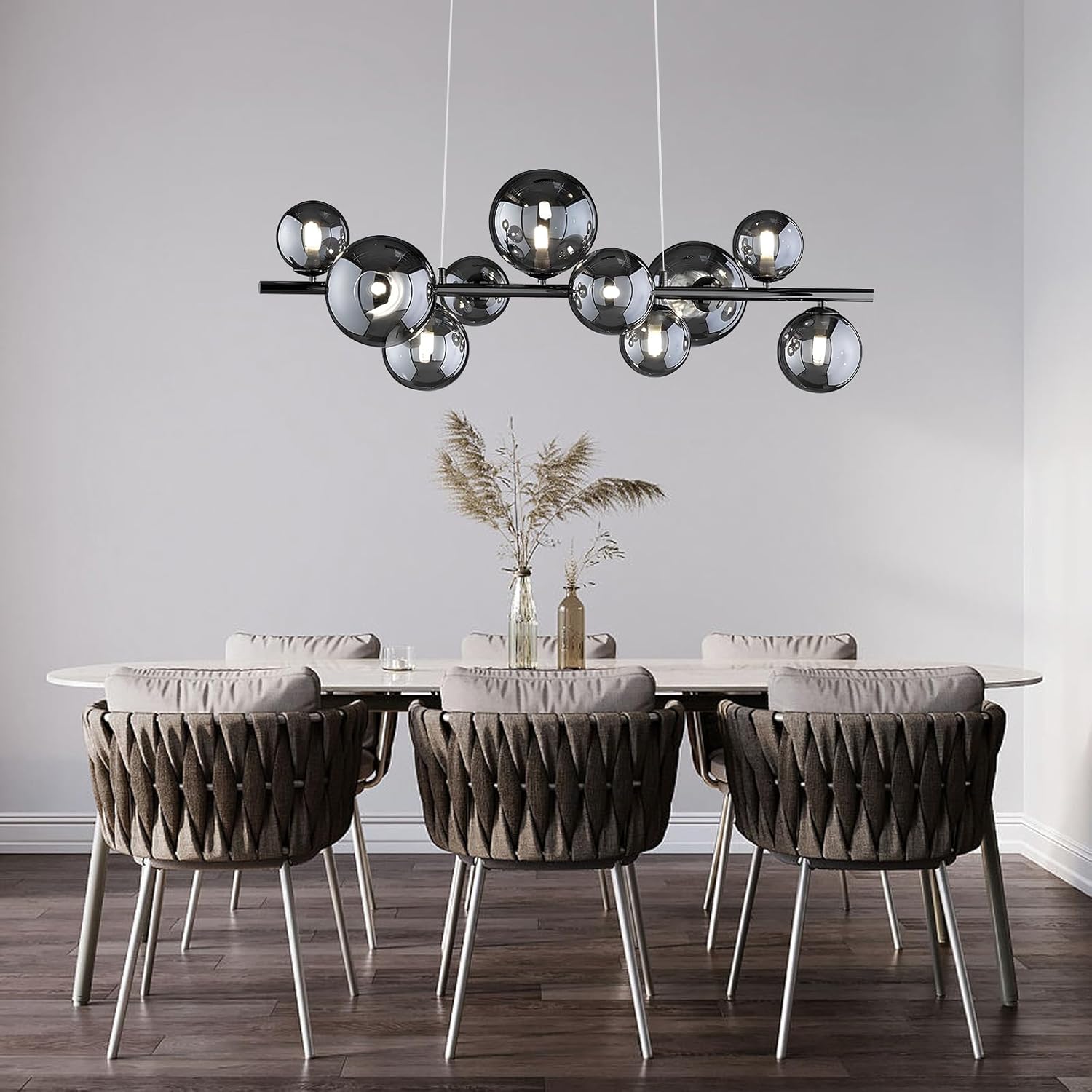 10-Light Mid Century Modern Sputnik Chandelier Black Island Light Linear Chandelier Glass Globe Pendant Light Fixture for Bedroom Living Room Hallway Dining Room Kitchen Farmhouse (Chrome)