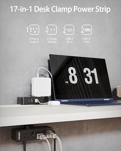 Miniatura 2 de Regleta de alimentación con abrazadera de escritorio de doble capa, estación de carga de montaje en el borde de escritorio con 13 tomas, 4 puertos