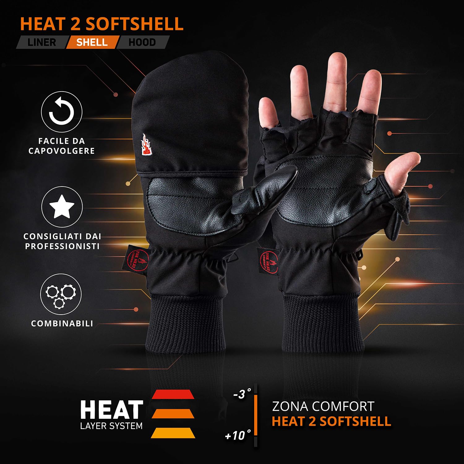 THE HEAT COMPANY - Heat 2 Softshell - guanto senza dita e muffola in uno - qualità premium - guanti invernali caldi e guanti da ciclismo - contro il freddo durante lo sport e il lavoro