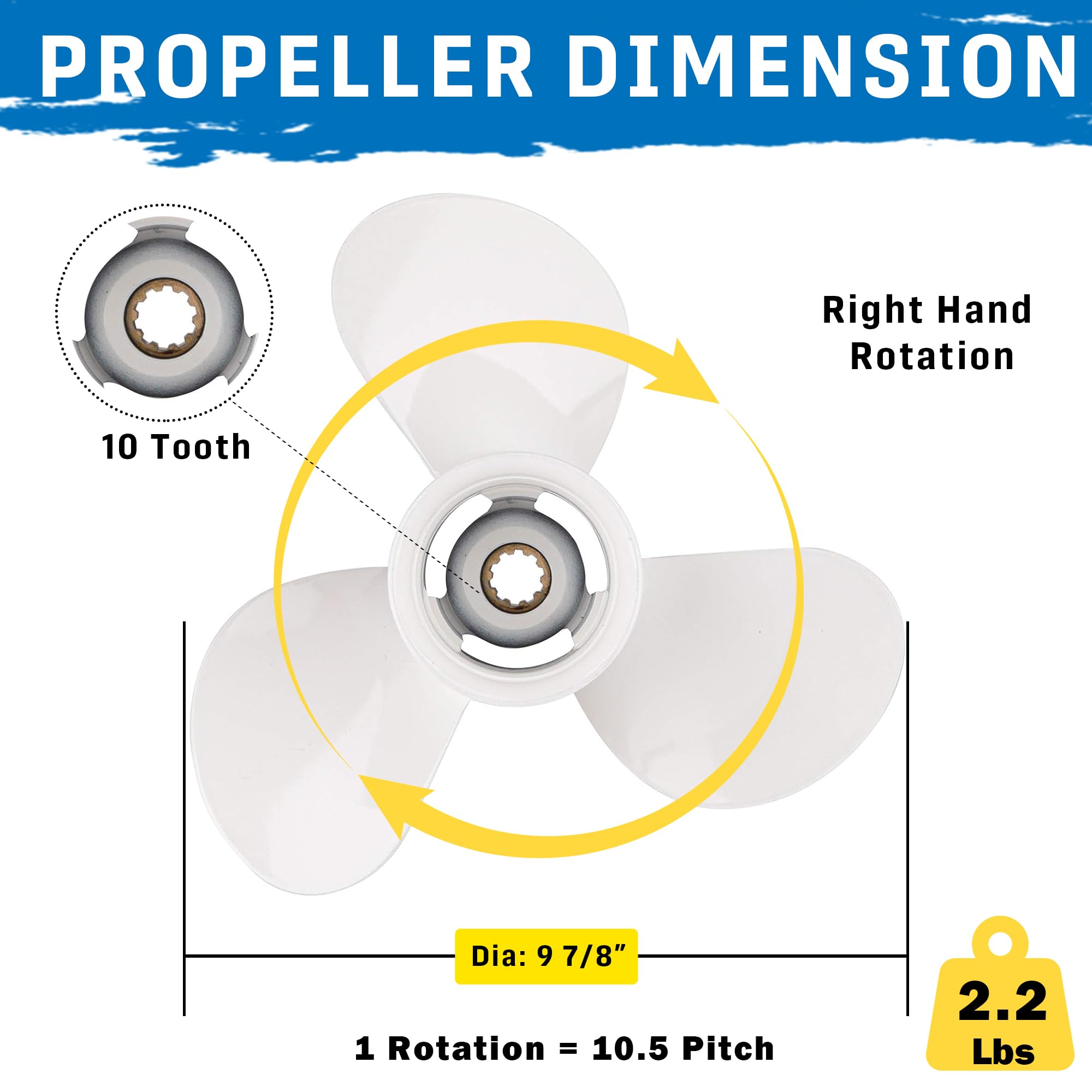 Bob's Marine 664-45945-00-EL 9 7/8 x 10 1/2 F Aluminium-Propeller für Yamaha 20 PS, 25 PS, 30 PS, Außenbordmotoren, 9,875 x 10,5, 10 Zähne. | 10 Verzahnung Aluminium Prop für Yamaha Außenbordmotoren 20-30HP RH