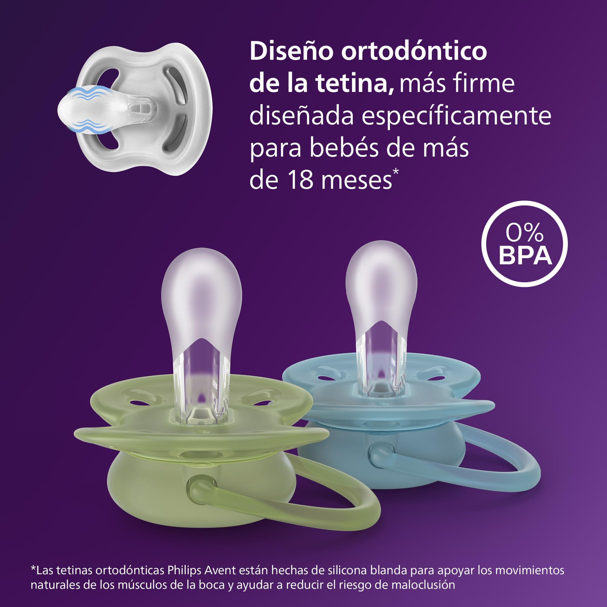 Philips Avent chupetes ultra soft: diseño anatómico, para bebés a partir de 18 meses, escudo flexible, tetina simétrica extrafirme de silicona, sin BPA, con 2 fundas, paquete de 4, SCF093/08