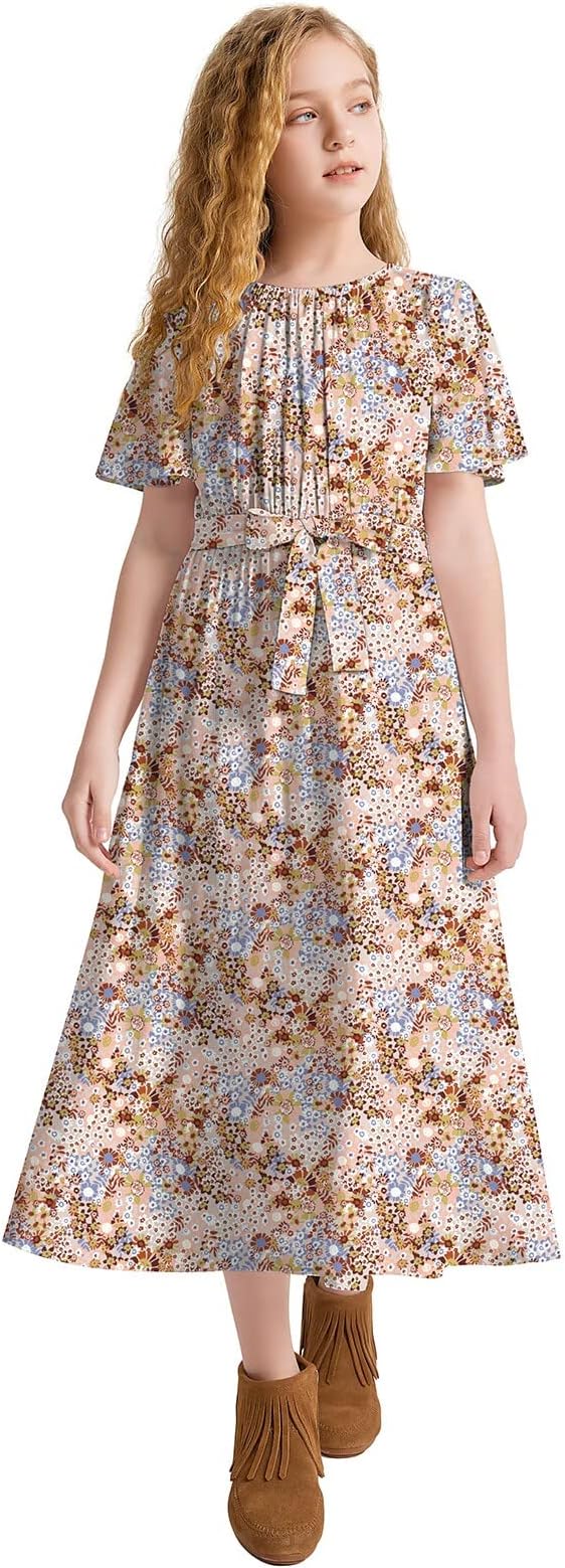 LaBecaGirls Casual Butterfly Sleeve Elastic Crew Neck Floral Printed Solid Color High Waist Midi Belted Dress with Pocket