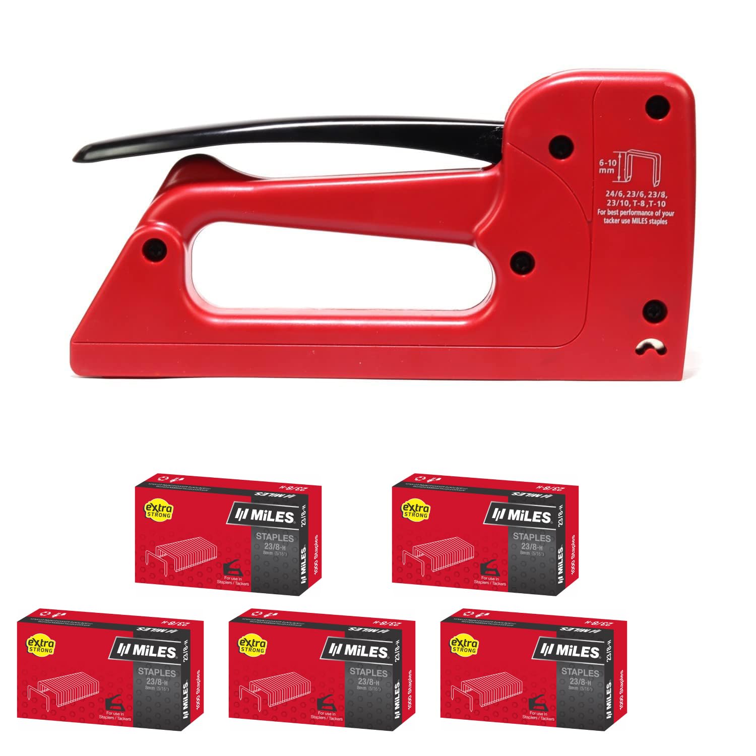 MILES Plastic TP-10 Gun Tracker | 5000 pcs 23/8 Stainless Steel Staple Pins | Red Color | Combo | Office | Hardware | Industry Professional Use | Sofa Car Seat Stapler