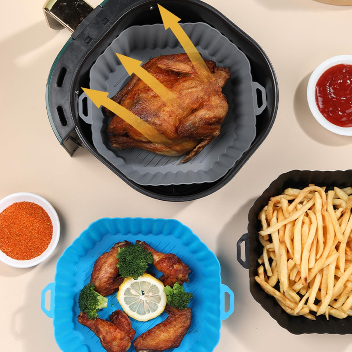 3 Stück Achteckige Hitzebeständige Silikon Heißluftfritteusenmatten Wiederverwendbare Backmatten für Ofen und Mikrowelle zum Kochen und Backen