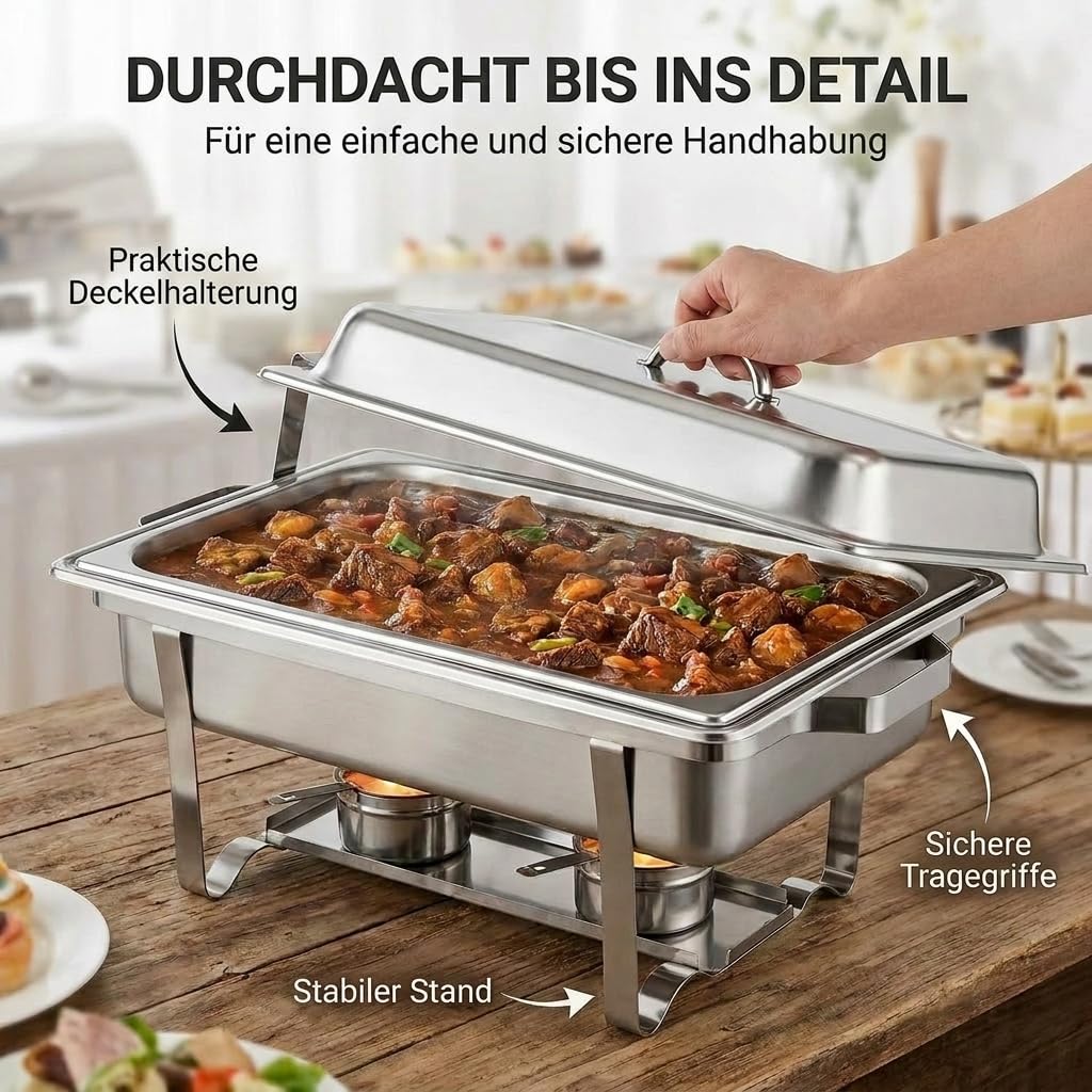 Warmhaltebehälter für Essen GN 1/1, Chafing Dish Edelstahl 9 L, Rechaud | Großer Buffetwärmer mit GN-1/1-Behälter & Deckel, Speisenwärmer mit Wasserbad, für Grillgut, Buffet, Catering & Events