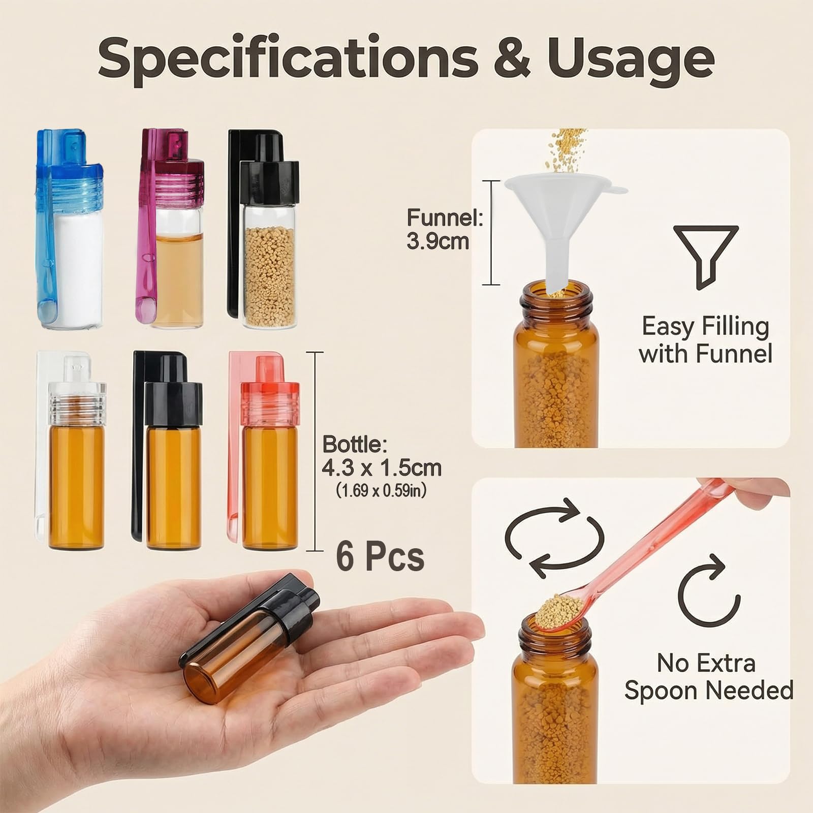 Lot de 6 sniffer doseur étanches - Mini bouteilles anti-fuite pour sel, poivre, épices - Idéaux pour le camping, la cuisine et les voyages | Flacon de poudre avec cuillère