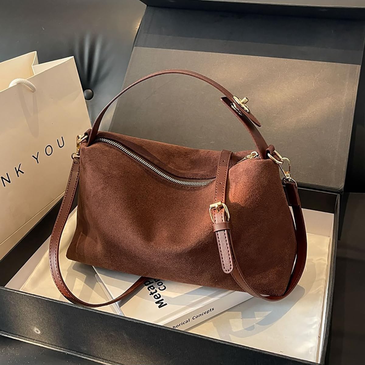 Suede Purses for Women Fashion Slouchy Shoulder Bag Retro Crescent Satchel Hobo Handbags