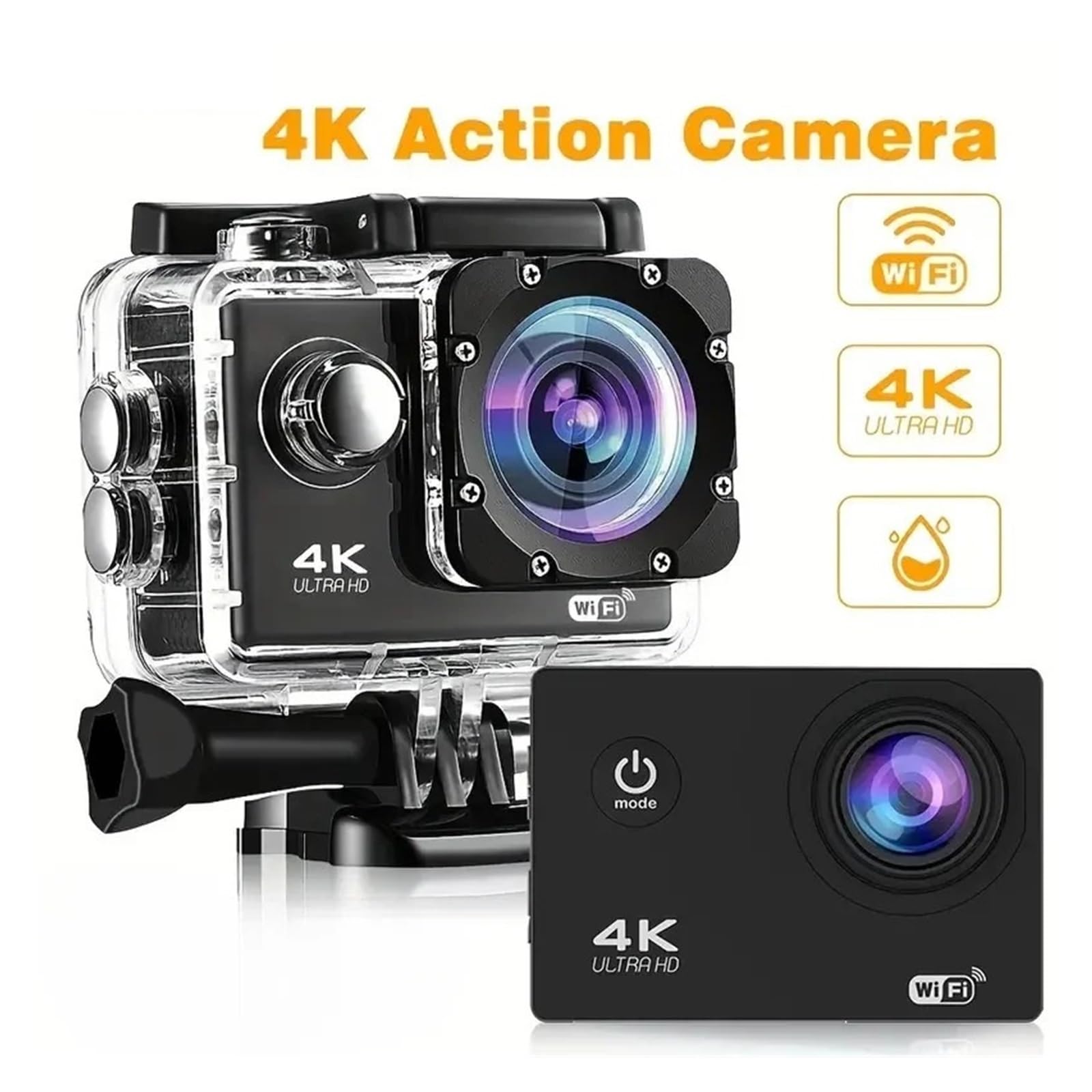 Action Camera Ultra HD 4K/30fps WiFi 2.0 pollici 170D Casco impermeabile subacqueo Registrazione video Ciclismo Sci Telecamere Sport Cam(Yellow)