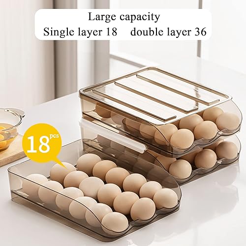 Vista 5 de Soporte para huevos para refrigerador, organizador de desplazamiento automático, contenedor de almacenamiento apilable de plástico reutilizable