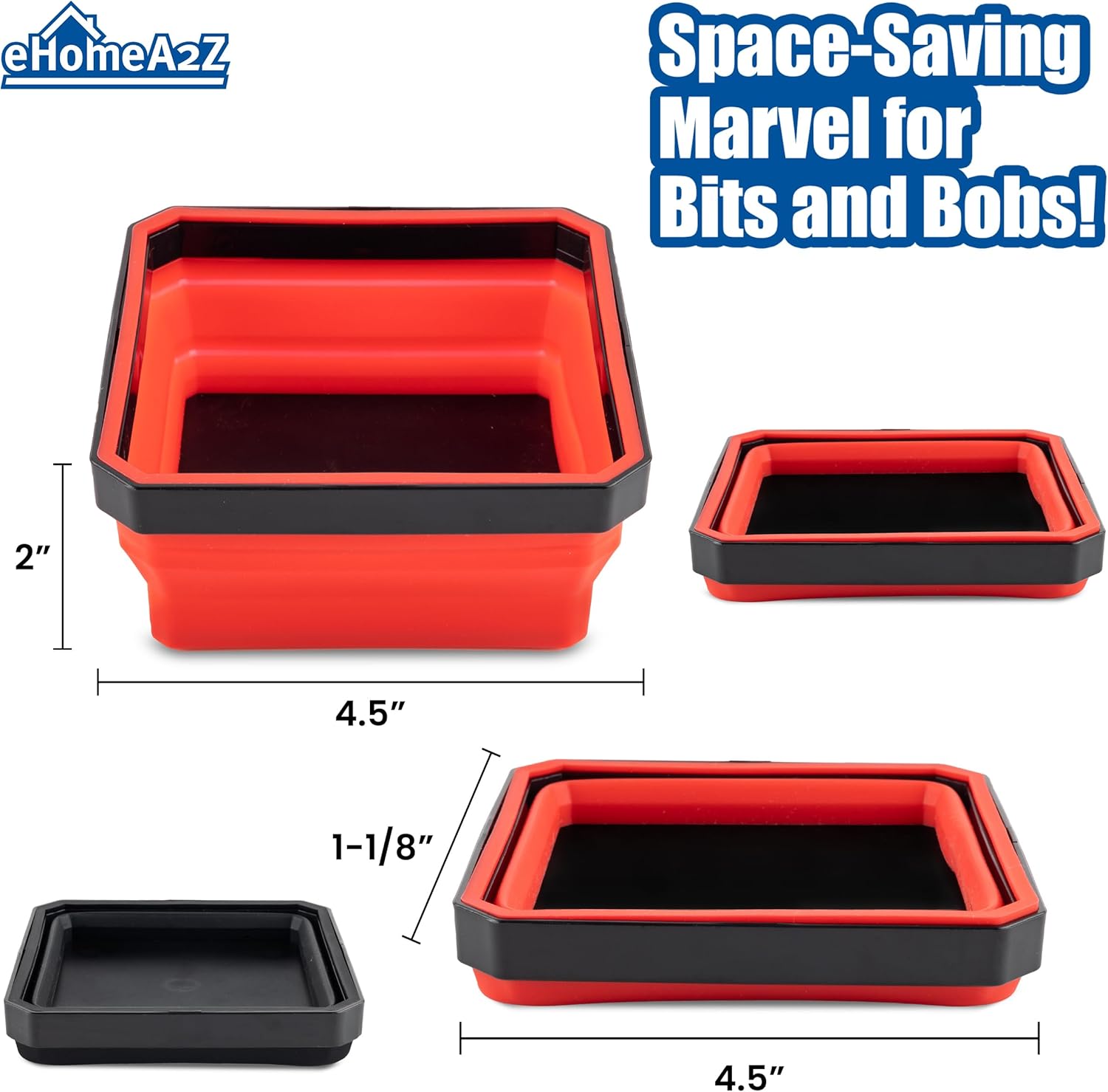EHOMEA2Z Collapsible Magnetic Parts Tray Set, 4.5” Square Silicone Foldable Bowls With Magnetic Base, Ideal For Screws, Bolts, Nuts, Washers, Pins, And Small Metal Parts (Red/Black,2Pc)