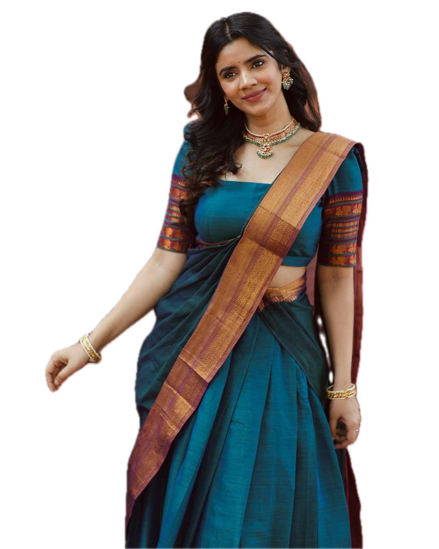 ARICO MART Present Women’s Teal Blue Silk Lehenga Choli Set with Zari Work Dupatta – Traditional South Indian Half Saree Style for Wedding-image-40