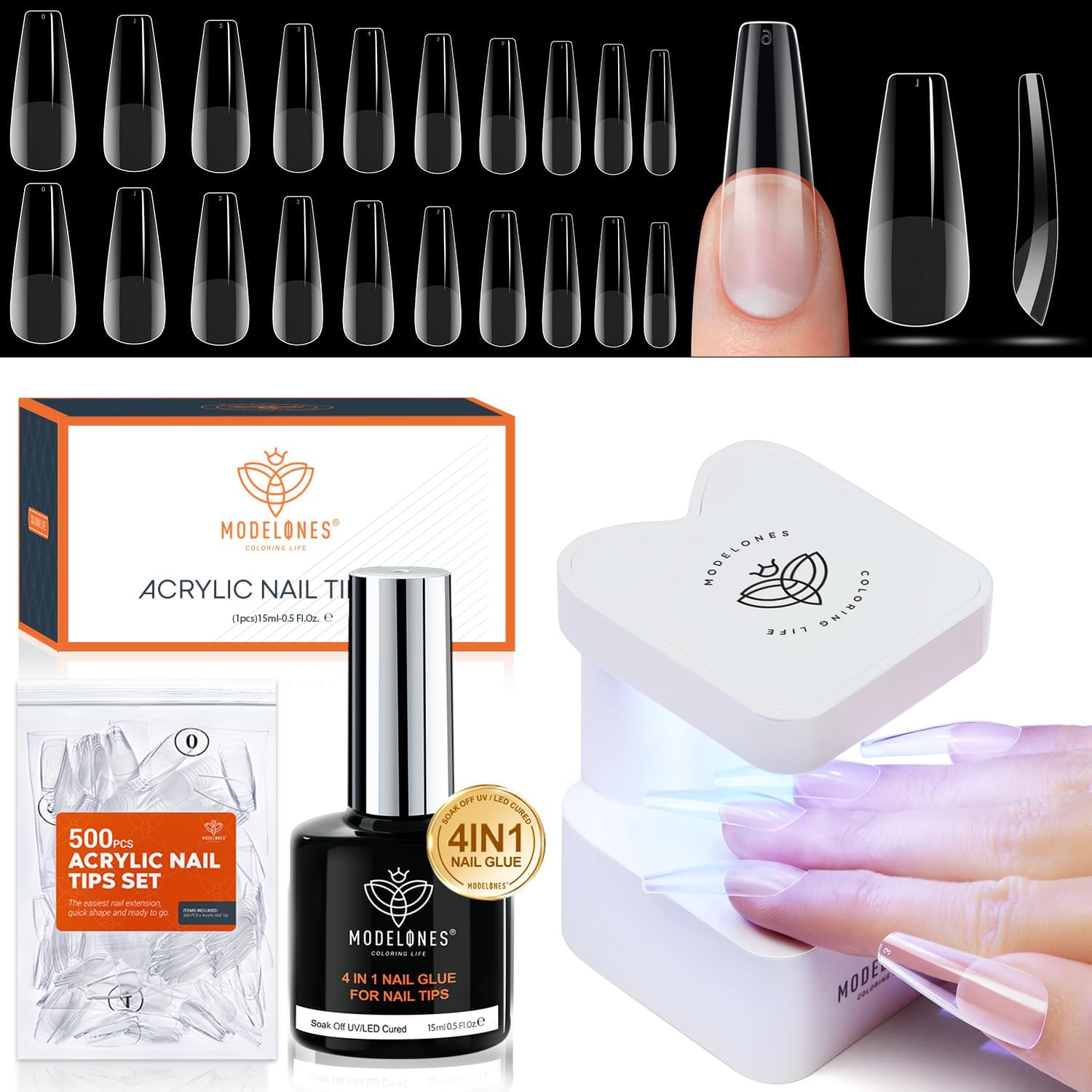 modelones Kit Uñas, Nail Kit de Tips Uñas Gel con Pegamento, 500 Uñas Postizas, Mini Lampara Uñas Semipermanentes, 6 en 1 Pegamento Uñas Postizas, Kit De Uñas Para Principiantes