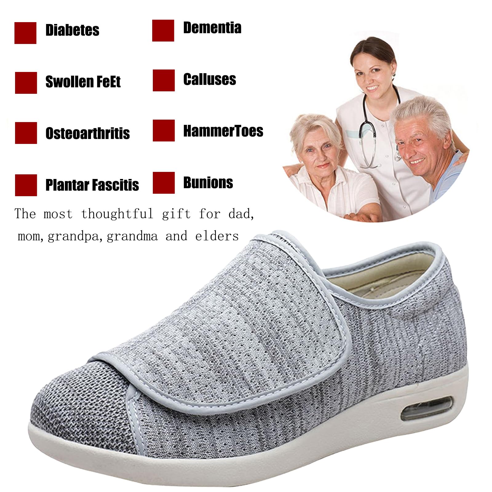Portatili Scarpe per diabetici,Larghe per Piedi Gonfi Scarpe da Passeggio Regolabili per La Neuropatia Dolorosa dei Piedi degli Anziani.Light Gray 51