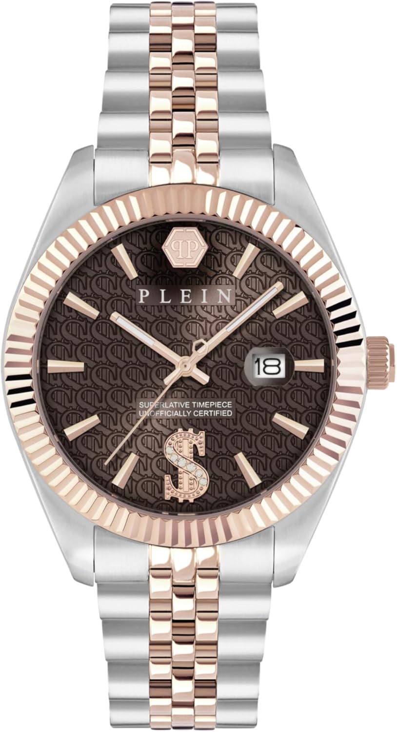 Philipp Plein Date Superlative Collection Luxury Mens Watch Timepieces with a Two Tone Bracelet and Case Featuring a Brown Dial