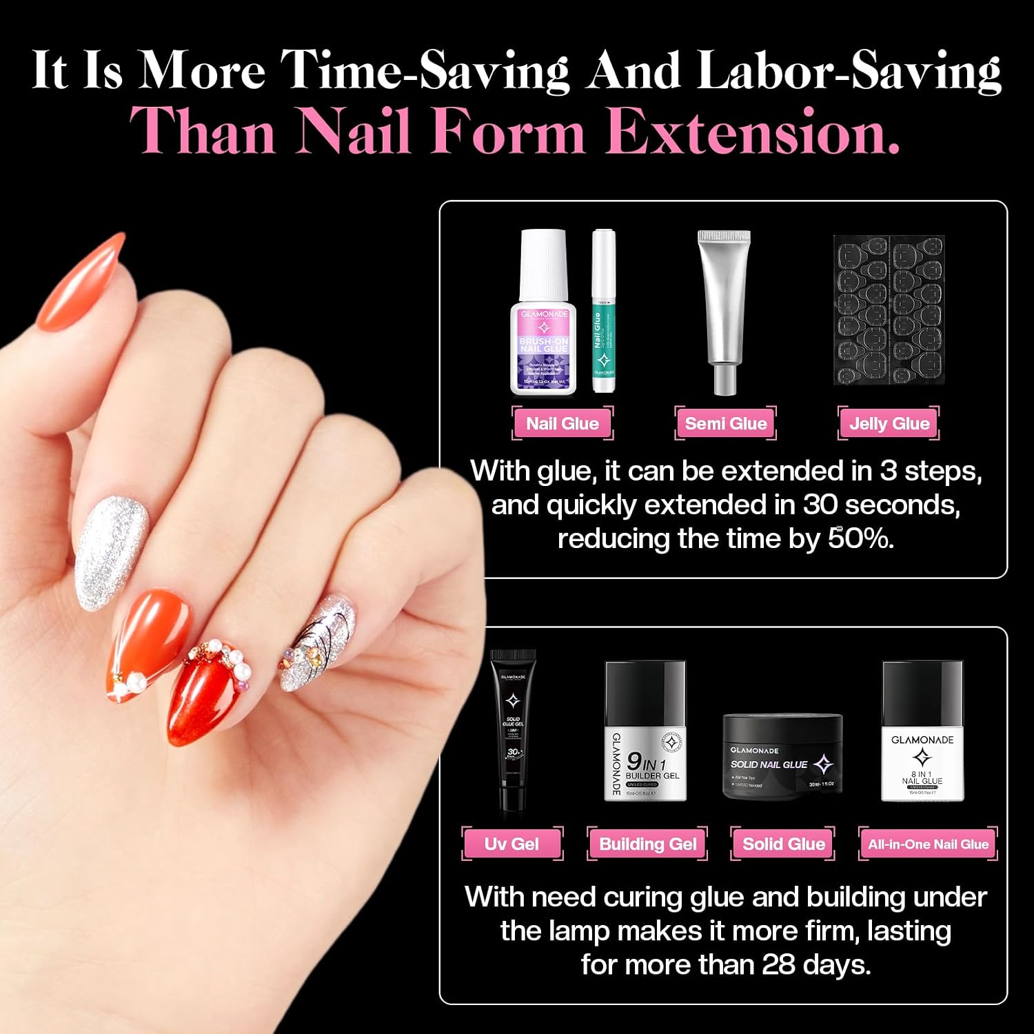 Glamonade Short Gel Nails Kit: 312pcs Almond Clear Press on Nail Tips - Professional Acrylic Nail Extensions Full Cover Pre-Shaped Fake Nails for Salon DIY at Home with 12 Sizes