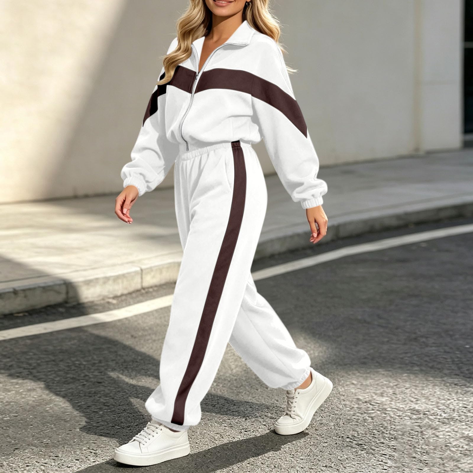 Tuta Donna Sportiva Completo Jogging Giacca e Pantaloni 2 pezzi | Righe Tute, Colori a Contrasto Cappotto con Cerniera e Pantaloni con Cintura Elastica Set Due Pezzi per Autunno e Inverno