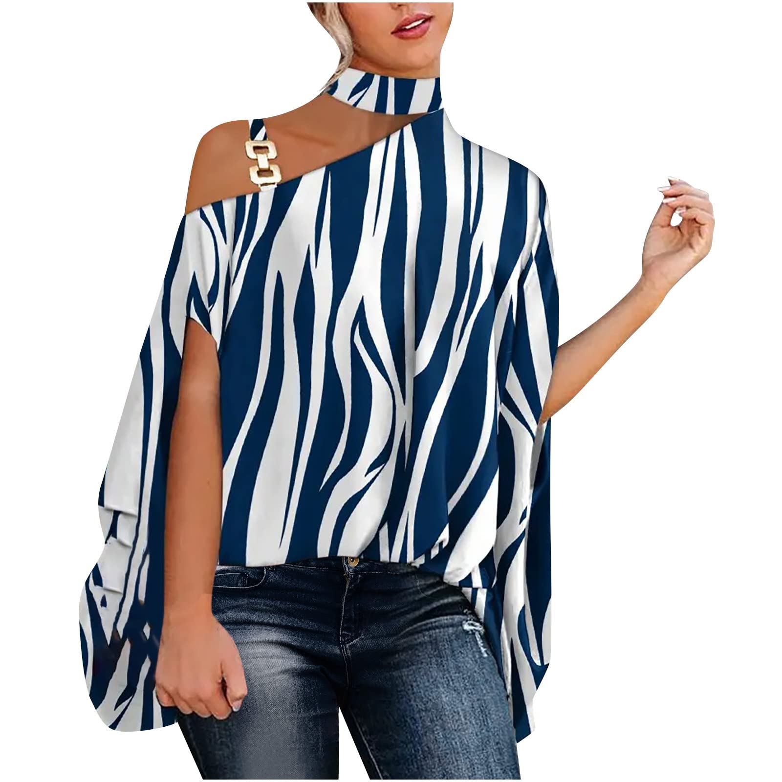 Womens High Neck Splicing Tees One Side Shoulder Hollow Out Clothes Loose Fit Belly Hide Blouse Top Flowy Party Shirts