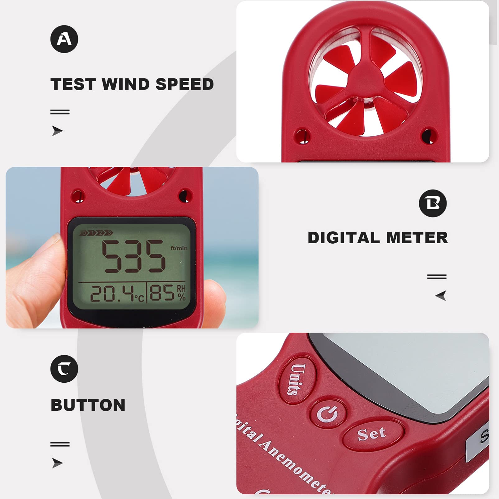 VILLCASE Anemometro Digitale Portatile con Igrometro Professionale, Misuratore di Umidità Ambientale e Temperatura, Display Lcd con Retroilluminazione, Ventola a 6 Pale, per Uso
