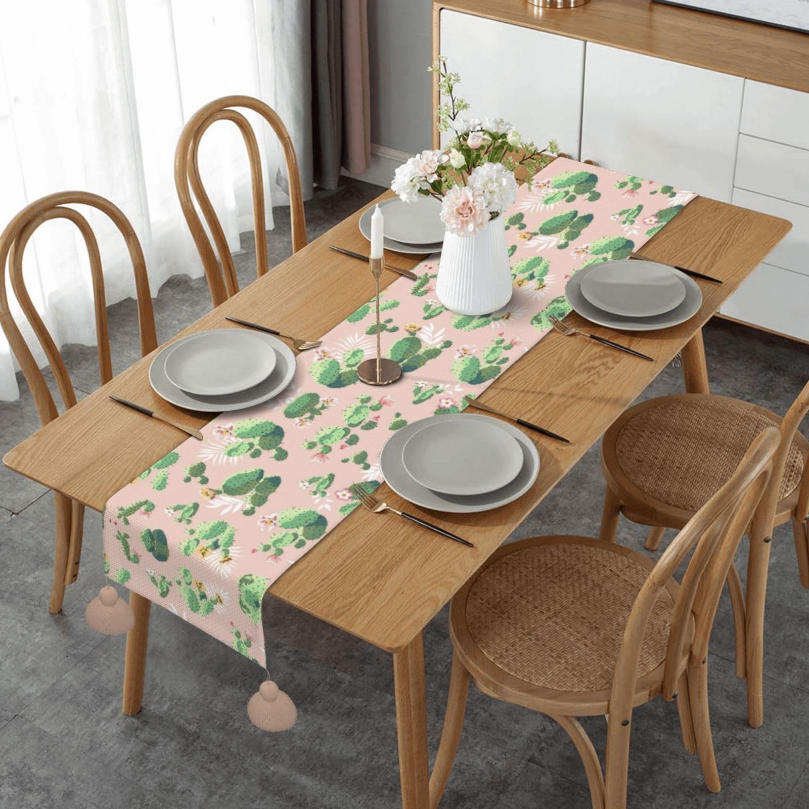 Chemin de table rustique motif cactus pour protéger et décorer votre cuisine