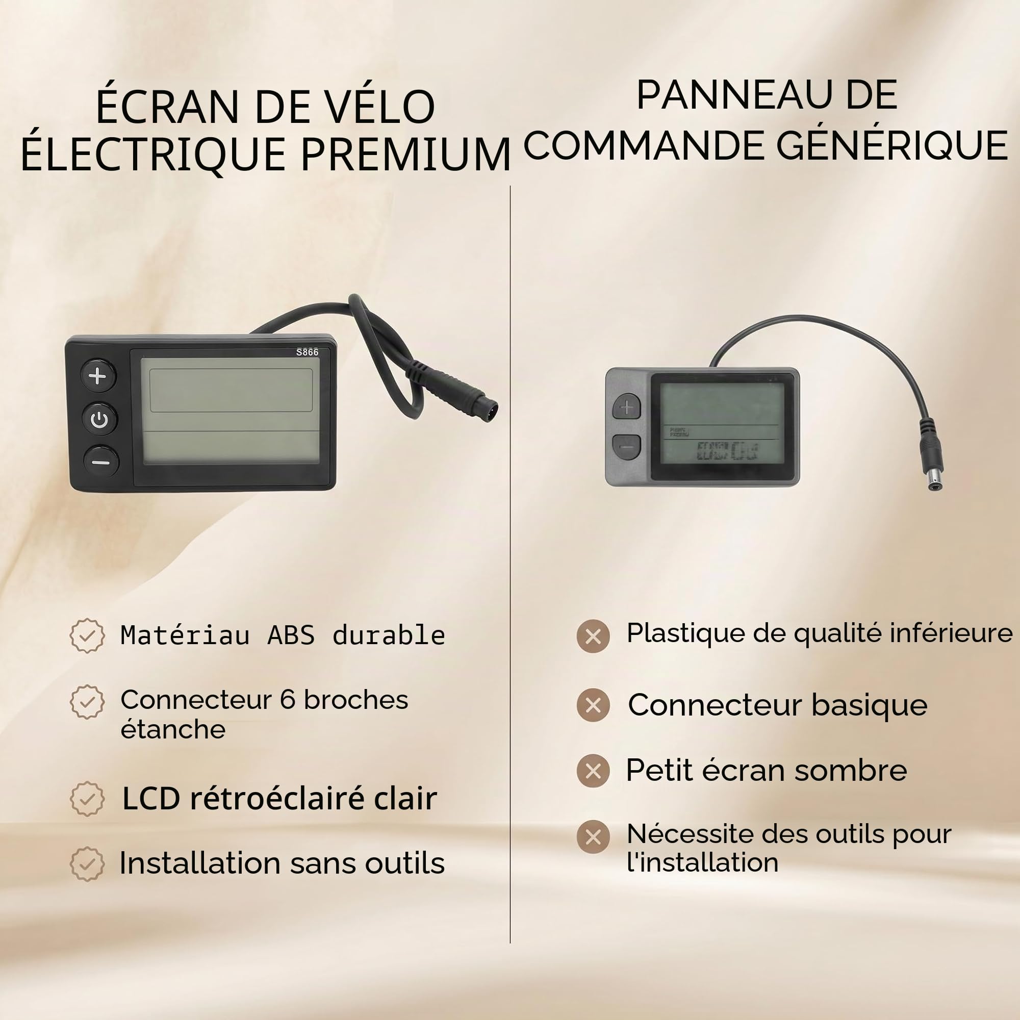 Écran LCD S866 ABS pour vélo électrique avec connecteur étanche à 6 broches pour modification de scooter