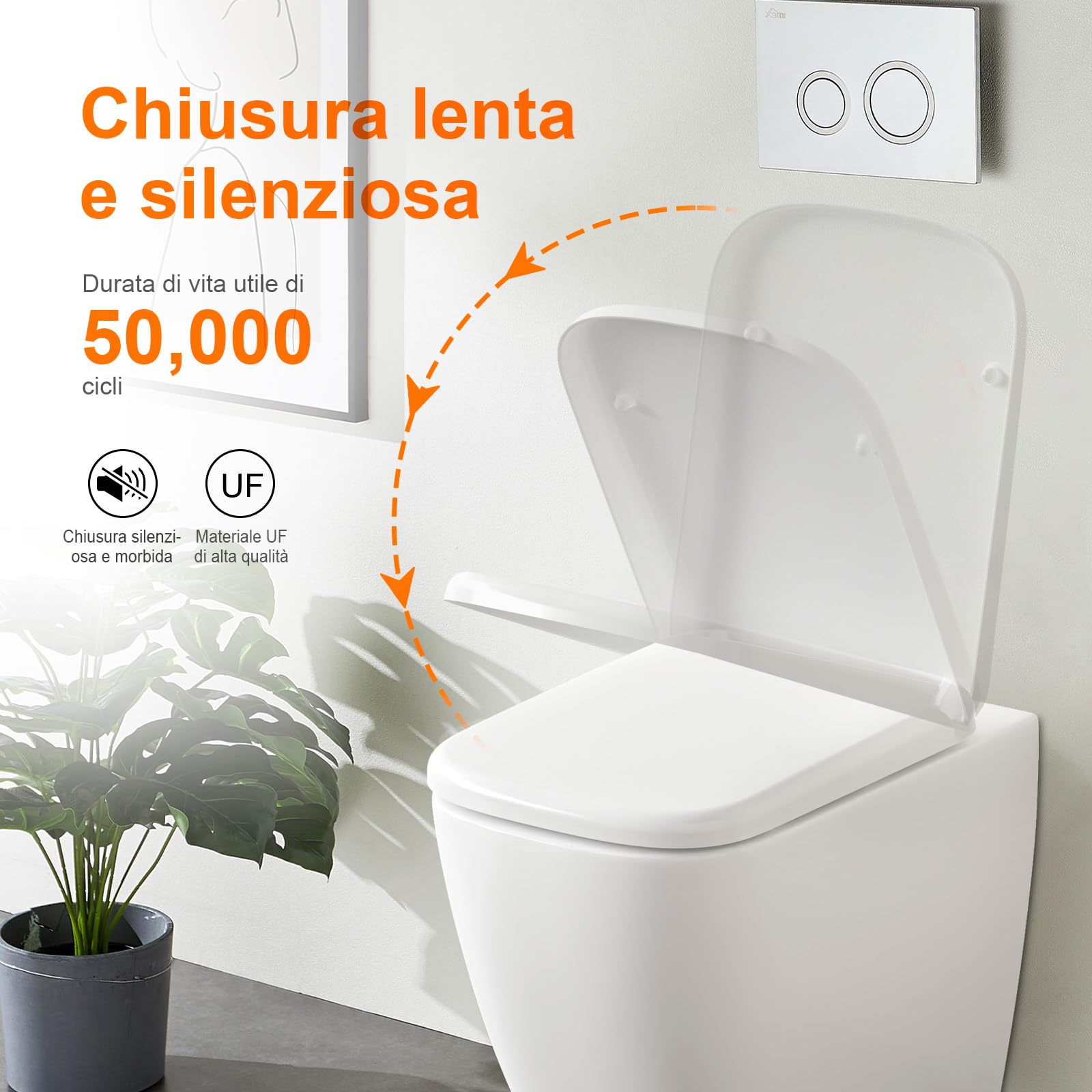 GRIFEMA Copriwater Universali, Tavoletta WC Quadrata con Funzione di Sgancio Rapido, Sedile WC Urea-Formaldeide Materiale Antibatterico, Facile da Pulire, 46.1 * 5.3 * 35.1cm, Bianco