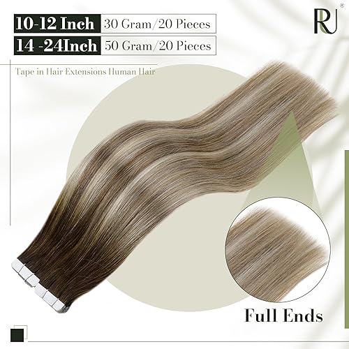 Miniatura 3 de RUNATURE Extensiones de cabello humano Remy con cinta adhesiva, balayage, color marrón nogal degradado a marrón ceniza con rubio claro, extensiones