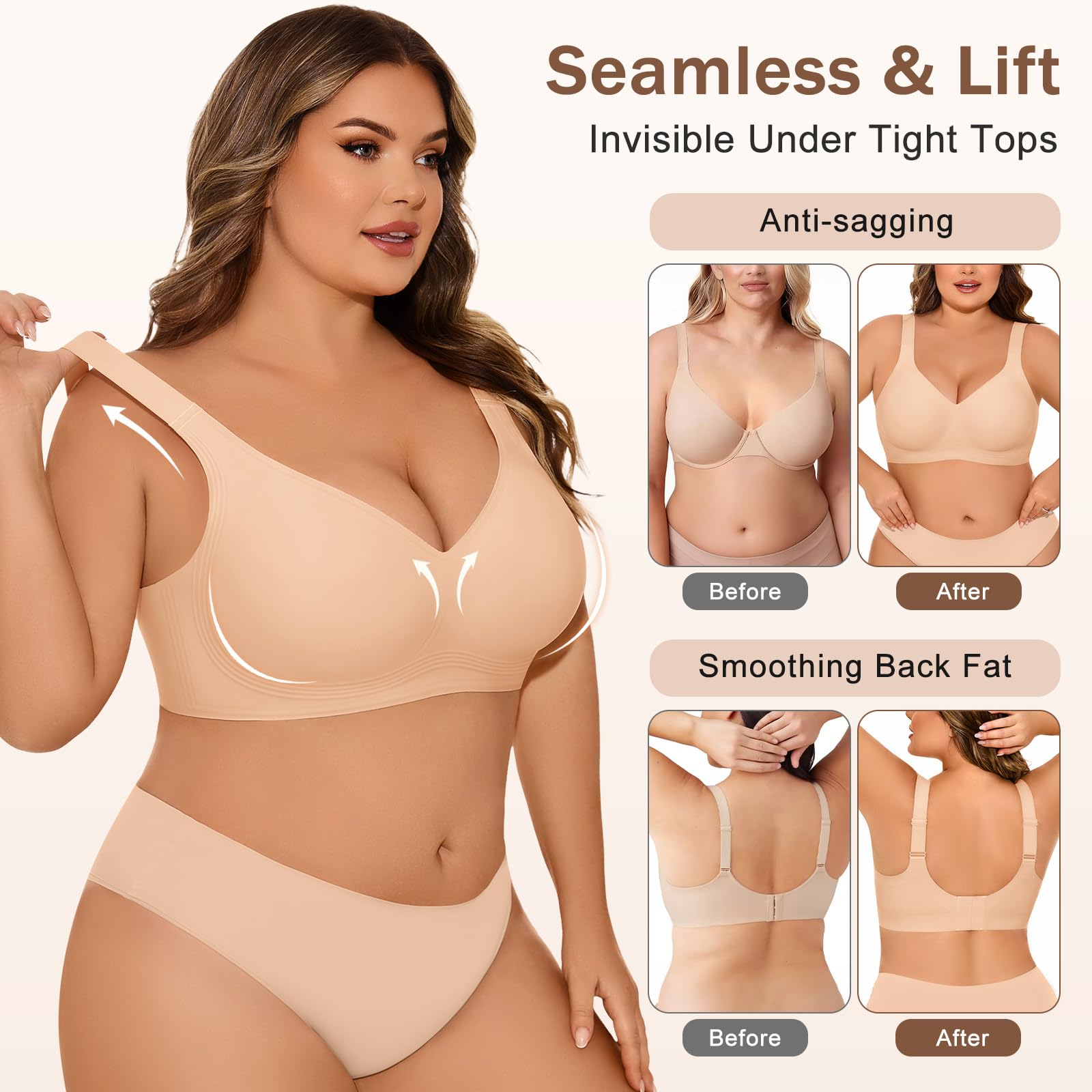 XJBTBA Biustonosze dla kobiet Plus Size Biustonosz typu Jelly bez fiszbin Push Up Bezszwowy, bezprzewodowy biustonosz żelowy podtrzymujący Pełne pokrycie Tshirt Bralettes Damski biustonosz na co dzień