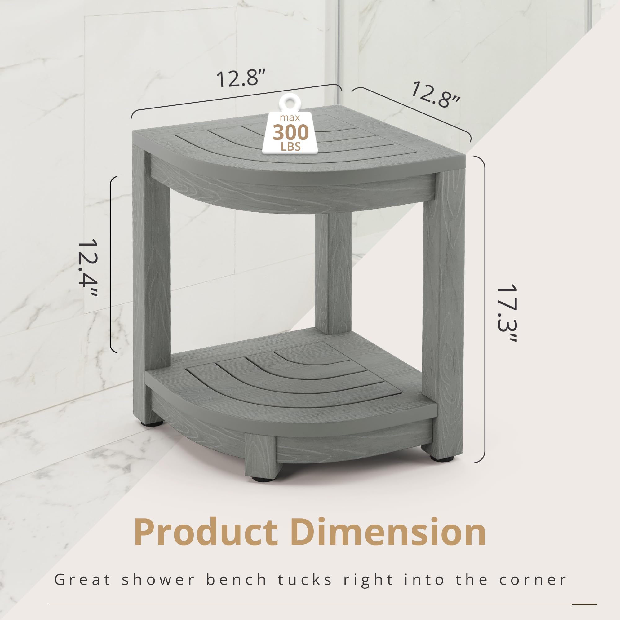 LUE BONA Shower Bench for Inside Shower, Gray HDPS Corner Shower Stool for Shaving Legs, 17