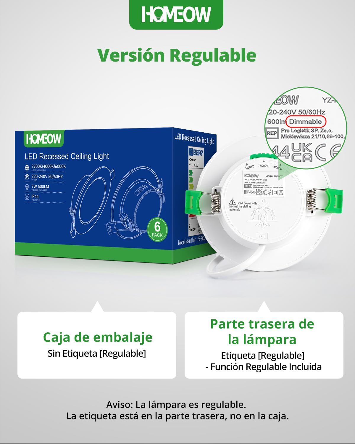 HOMEOW Pack 20 Downlight LED Techo Empotrable Regulable, 7W 220V Focos Empotrable LED Interior 3CCT Temperatura de Color Regulable, IP44 Ojos de Buey para Baño