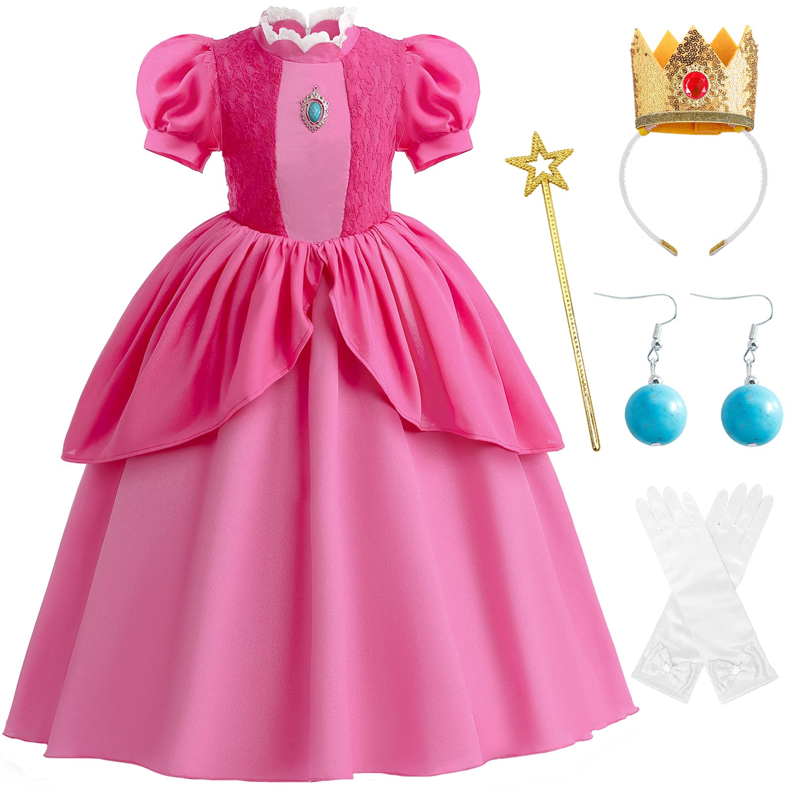 Windskids Princesa Peach Cosplay Disfraz con 4 Accesorios Niña Encaje Maxi Vestido de Princesa Halloween Navidad Carnaval Cumpleaños Fiesta Vestidos de Noche