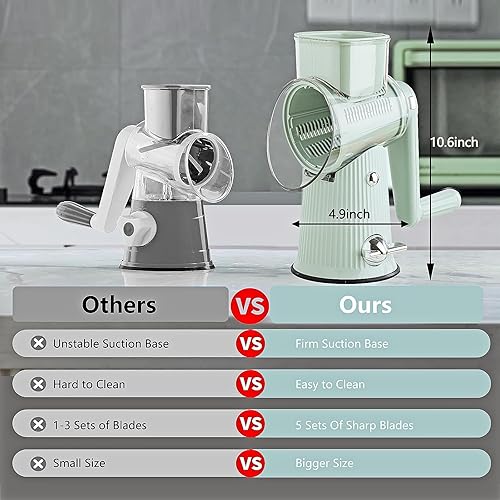 Miniatura 2 de Rallador de queso giratorio con mango rallador de queso 5 en 1, triturador de queso de manivela con base de succión fuerte, cortador de verduras de