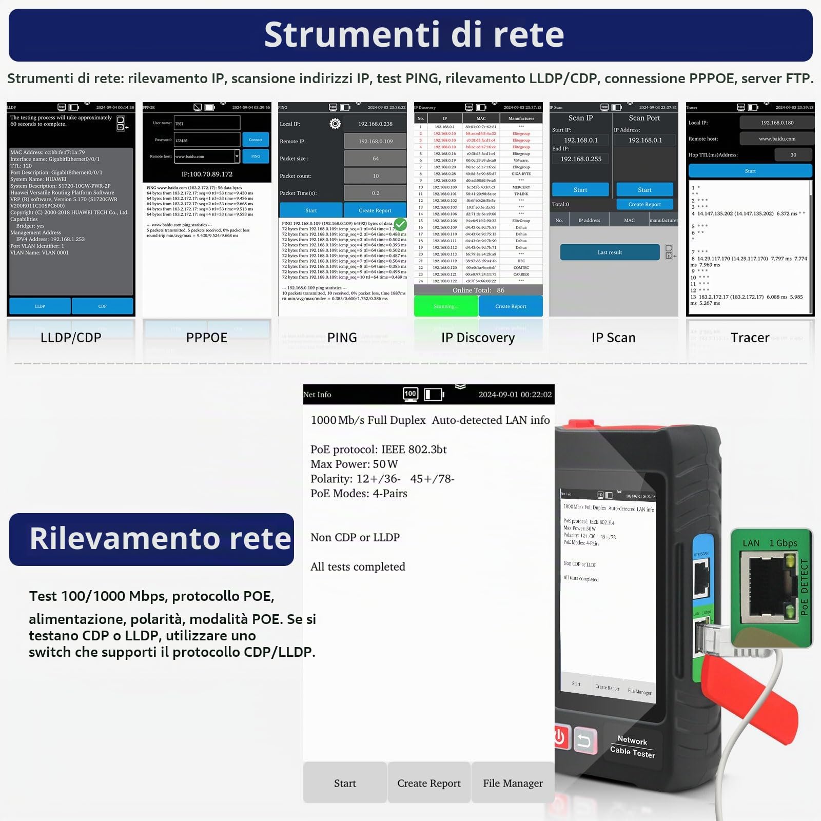 Henkion Tester per cavi di rete multifunzione RJ45, inseguitore cavi Ethernet, touchscreen IPS da 4 pollici, supporta strumenti di rete, VFL, OPM, POE+, RJ45 TDR, lunghezza del cavo, NCV(LT-600S)