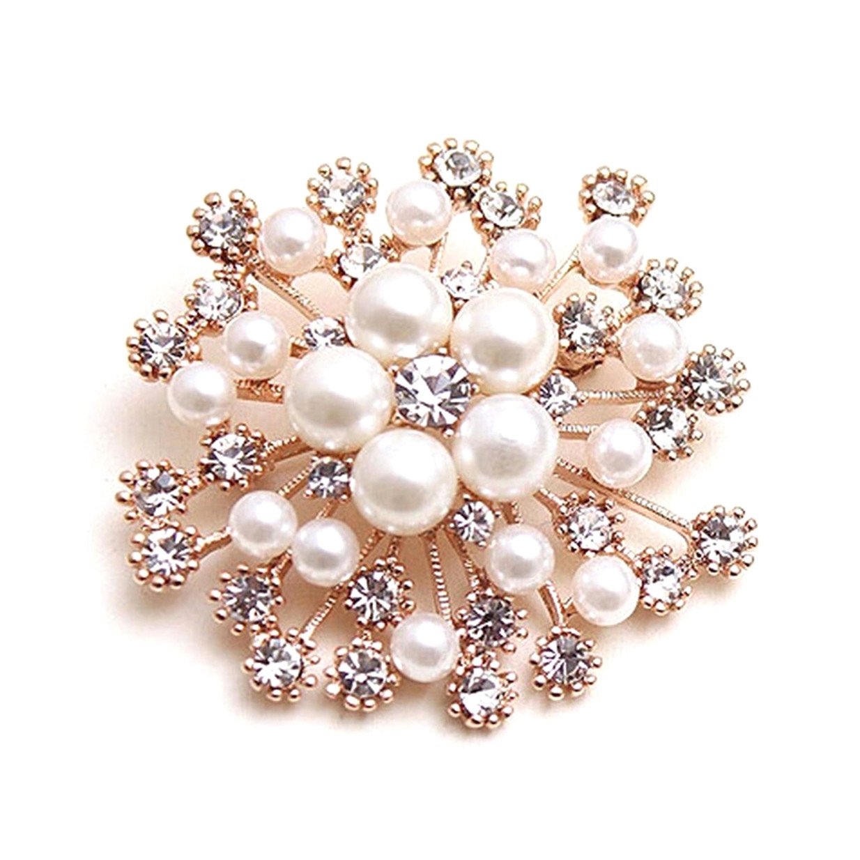 EJY Brooches Pins Elegant Hollow Rhinestone Aartificial Pearl Flower Design Brooch for Wedding Prom